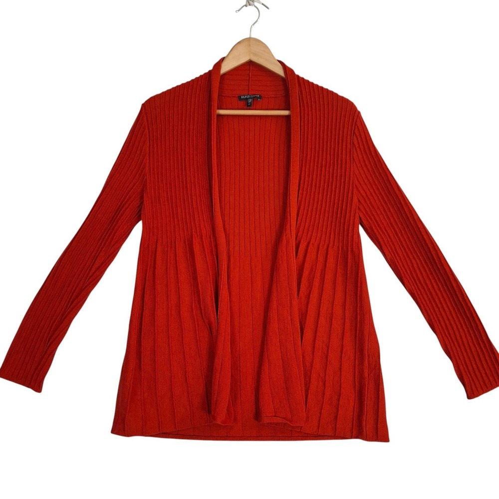 Eileen Fisher Petite Cardigan Sweater PS Burnt Orange Red 100% Wool Ribbed Open